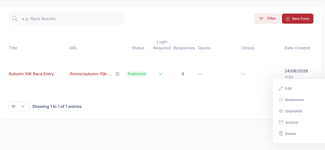 The Forms list with a form's Actions menu open, showing Edit, Responses, Unpublish, Archive and Delete