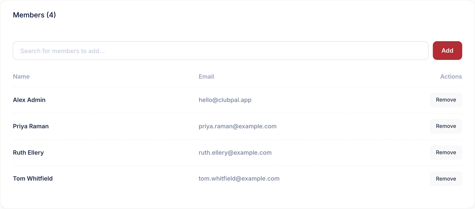 The Members section of a group, with the search box for adding members and the current roster listed below