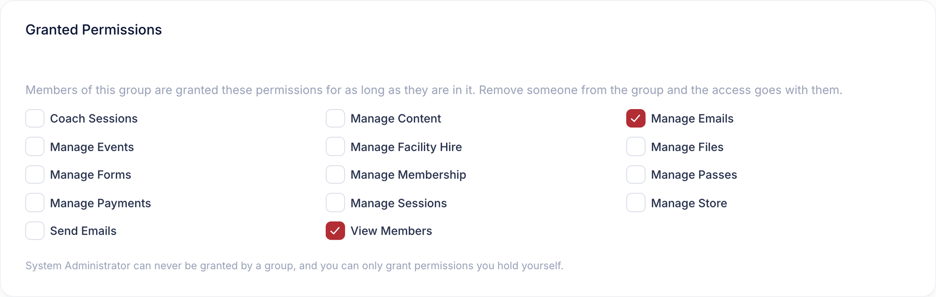 The Granted Permissions section of a group with several permissions ticked