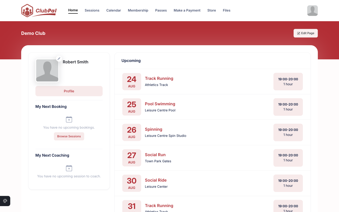 The default homepage as a signed in member sees it, with the My Club summary on the left and the Upcoming list on the right