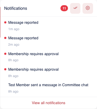 The notification bell dropdown showing two recent notifications, a mark all as read button and a settings cog
