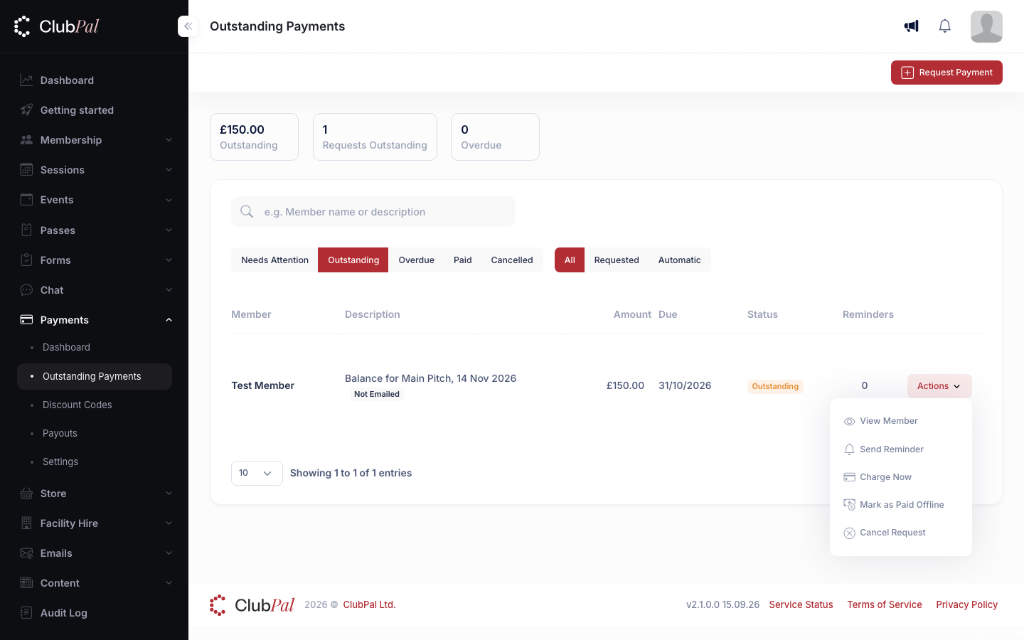 The Actions menu open on a balance row, listing View Member, Send Reminder, Charge Now, Mark as Paid Offline and Cancel Request