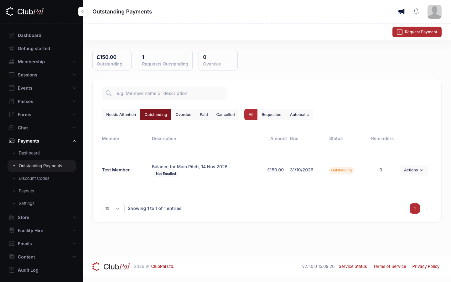 Outstanding Payments, filtered to Outstanding, listing a Balance for Main Pitch row for Test Member with its amount, due date and Outstanding status