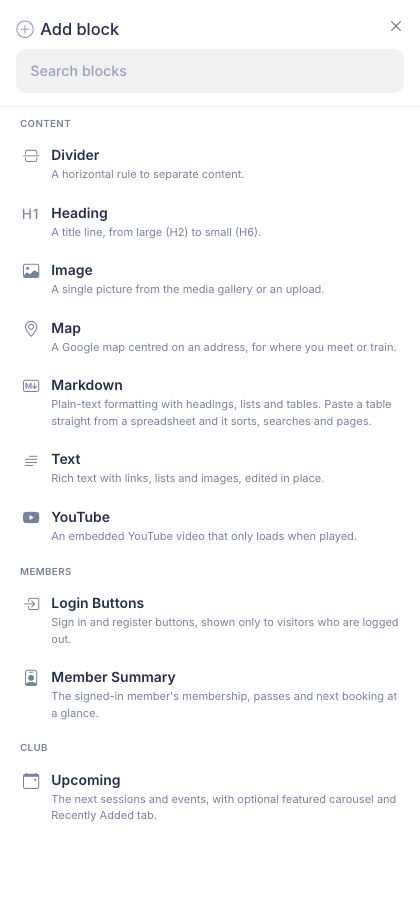 The Add block panel with a search box at the top and blocks listed under Content, Members and Club, each with an icon, a name and a one-line description