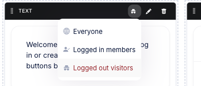 The visibility dropdown on a block's toolbar, offering Everyone, Logged in members and Logged out visitors