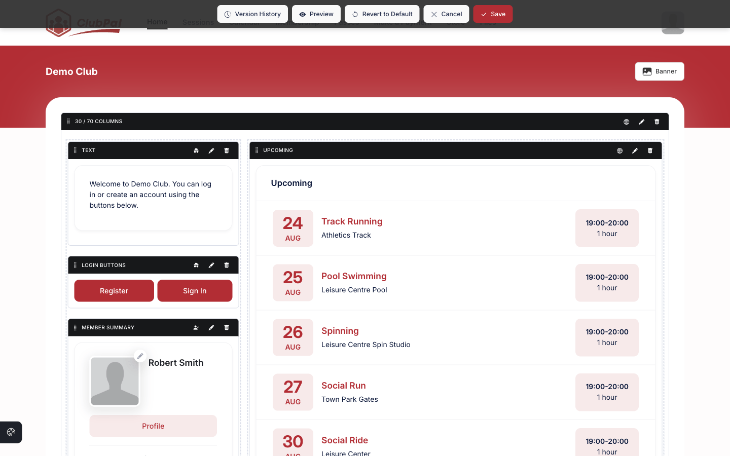 The homepage in edit mode, with each block outlined and labelled by its own toolbar and the edit bar across the top