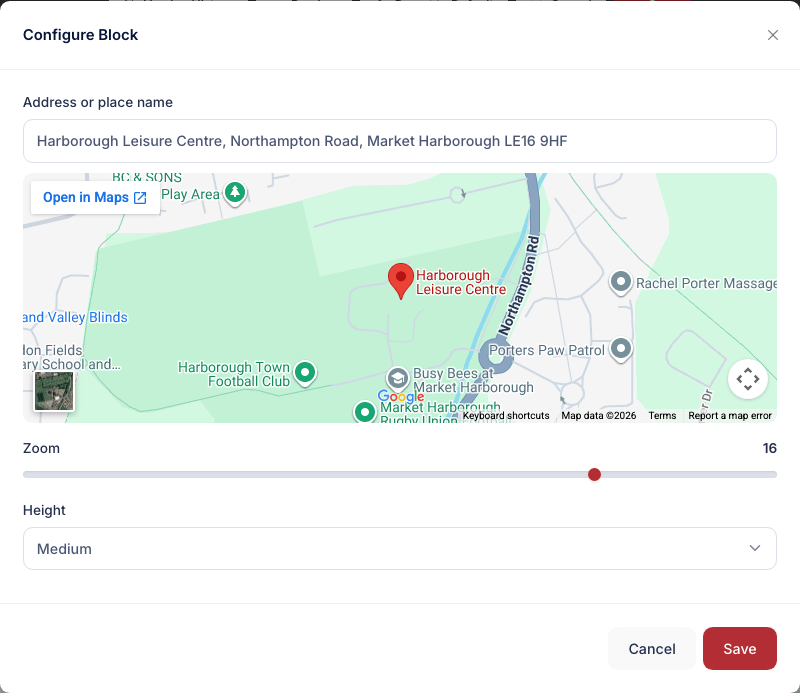 The Configure Block dialog for a Map block, with an address filled in, a Zoom slider set to 16, a Height dropdown, and a map preview showing the resolved location