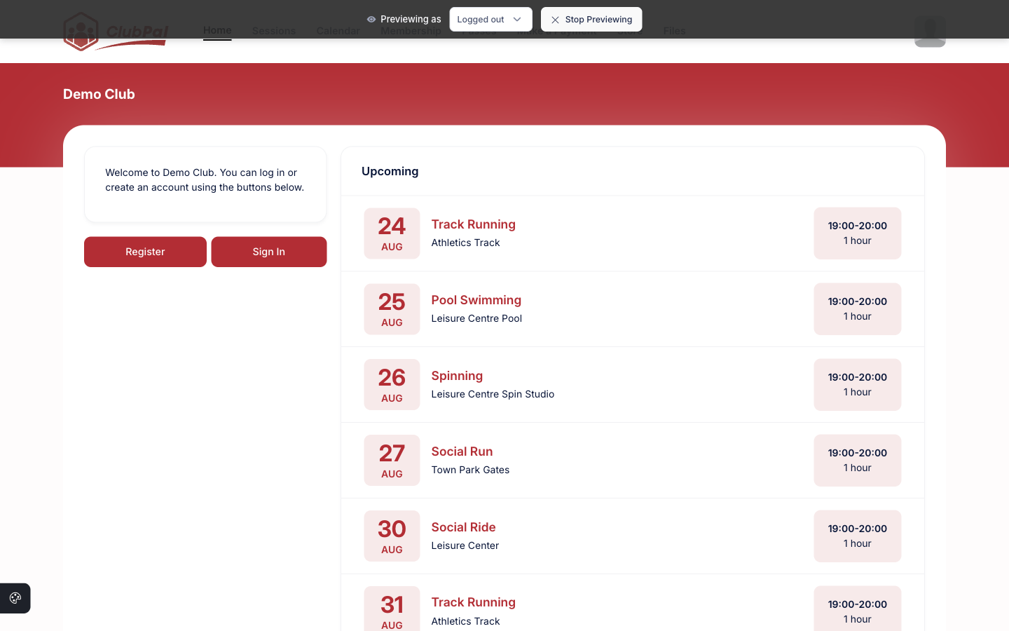 The homepage previewed as a logged out visitor, showing the welcome text and the Register and Sign in buttons in place of the member summary