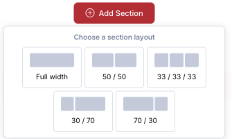 The section layout picker offering Full width, 50 / 50, 33 / 33 / 33, 30 / 70 and 70 / 30