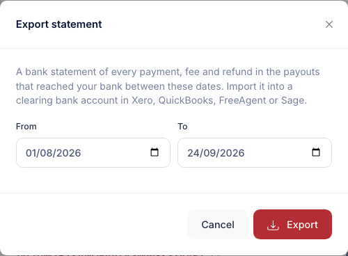 The Export statement dialog with From and To dates