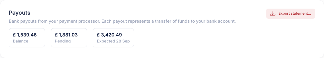 The Payouts page header showing the balance, pending amount, next expected payout and the Export statement button