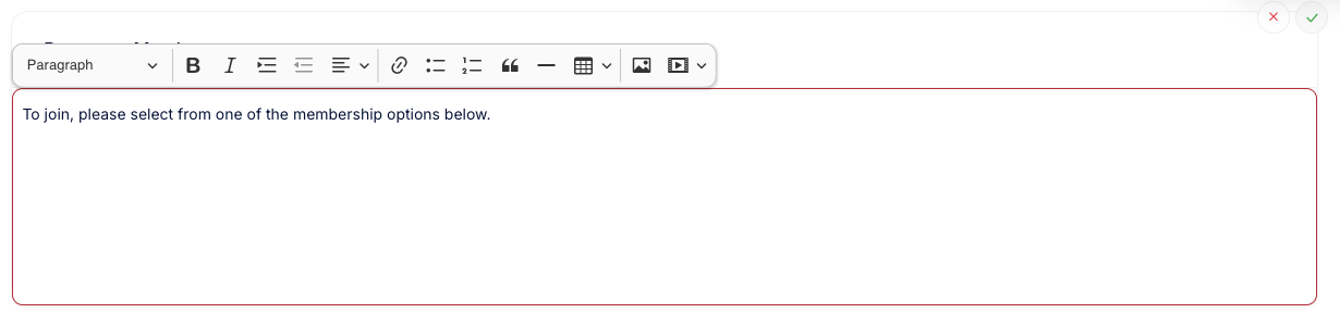 A portlet open for editing on the Membership page, with the rich text editor and the discard and save icons above it