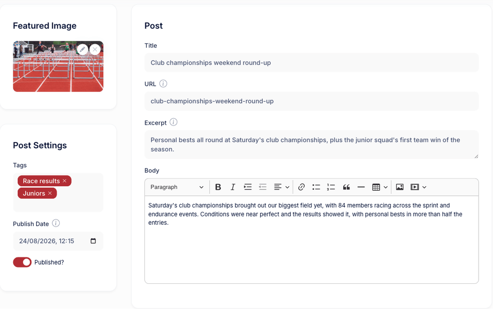 The post editor with the featured image, tags, publish date and Published switch on the left, and the title, URL, excerpt and body editor on the right