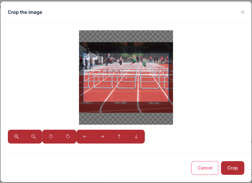 The Crop the image dialog, with the uploaded photo, a crop frame, and zoom, rotate and nudge controls