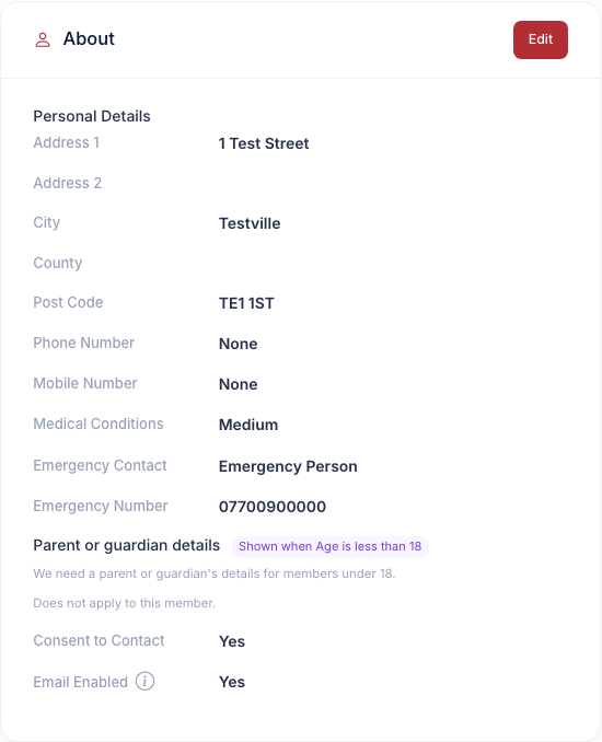 The About card on an adult member's admin page, with the Parent or guardian details group marked Shown when Age is less than 18 and the text Does not apply to this member