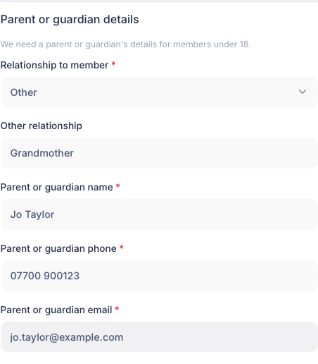 The Parent or guardian details section of the sign-up form, shown to a member born in 2012, with the Other relationship box revealed under a Relationship to member dropdown set to Other