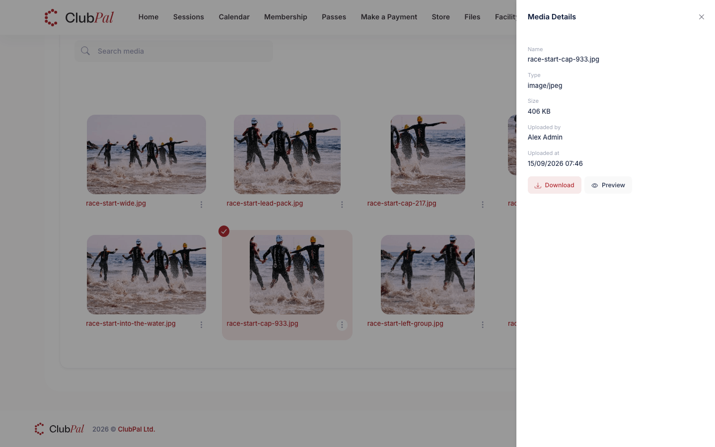 The Media Details side panel open over the session gallery, listing a photo's name, type, size, uploader and upload time, with Download and Preview buttons