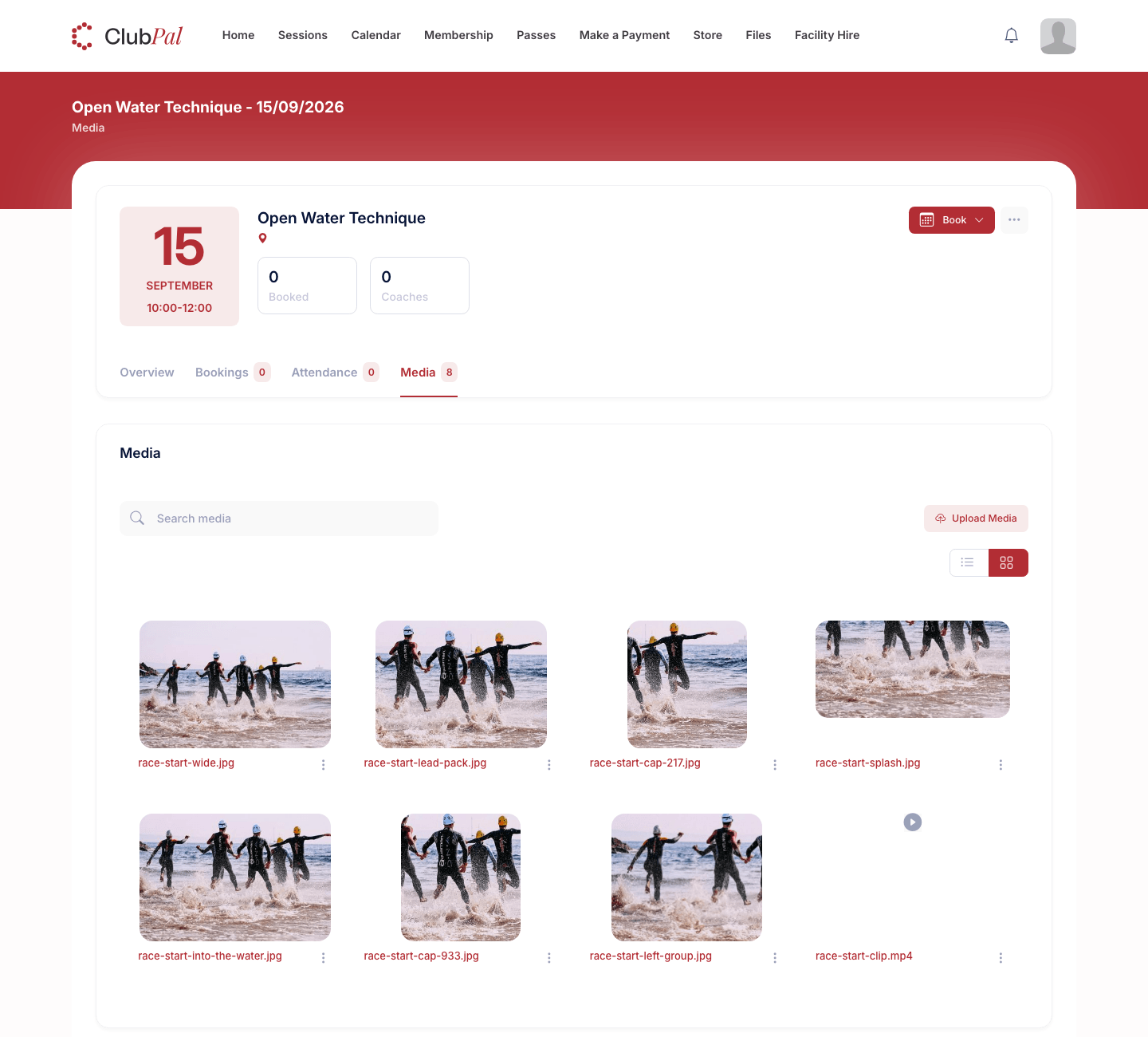 A session page with the Media tab selected, showing a grid of race-start photos and a video, with an Upload Media button above the grid