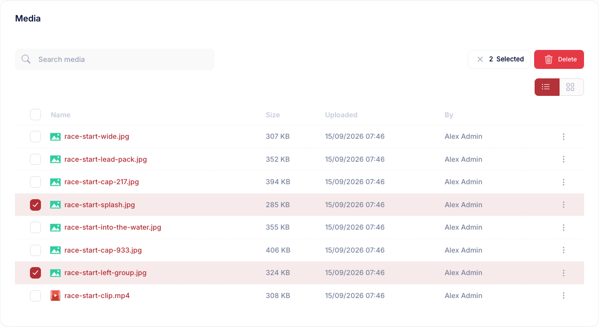 The session gallery in list view with two photos ticked, a toolbar reading 2 Selected and a red Delete button