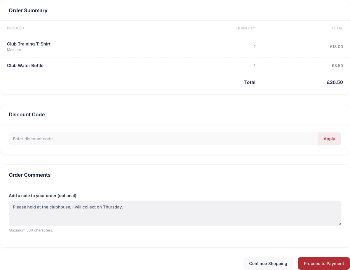 The store checkout showing an order summary with two lines and a total, a discount code box, and an order comments field