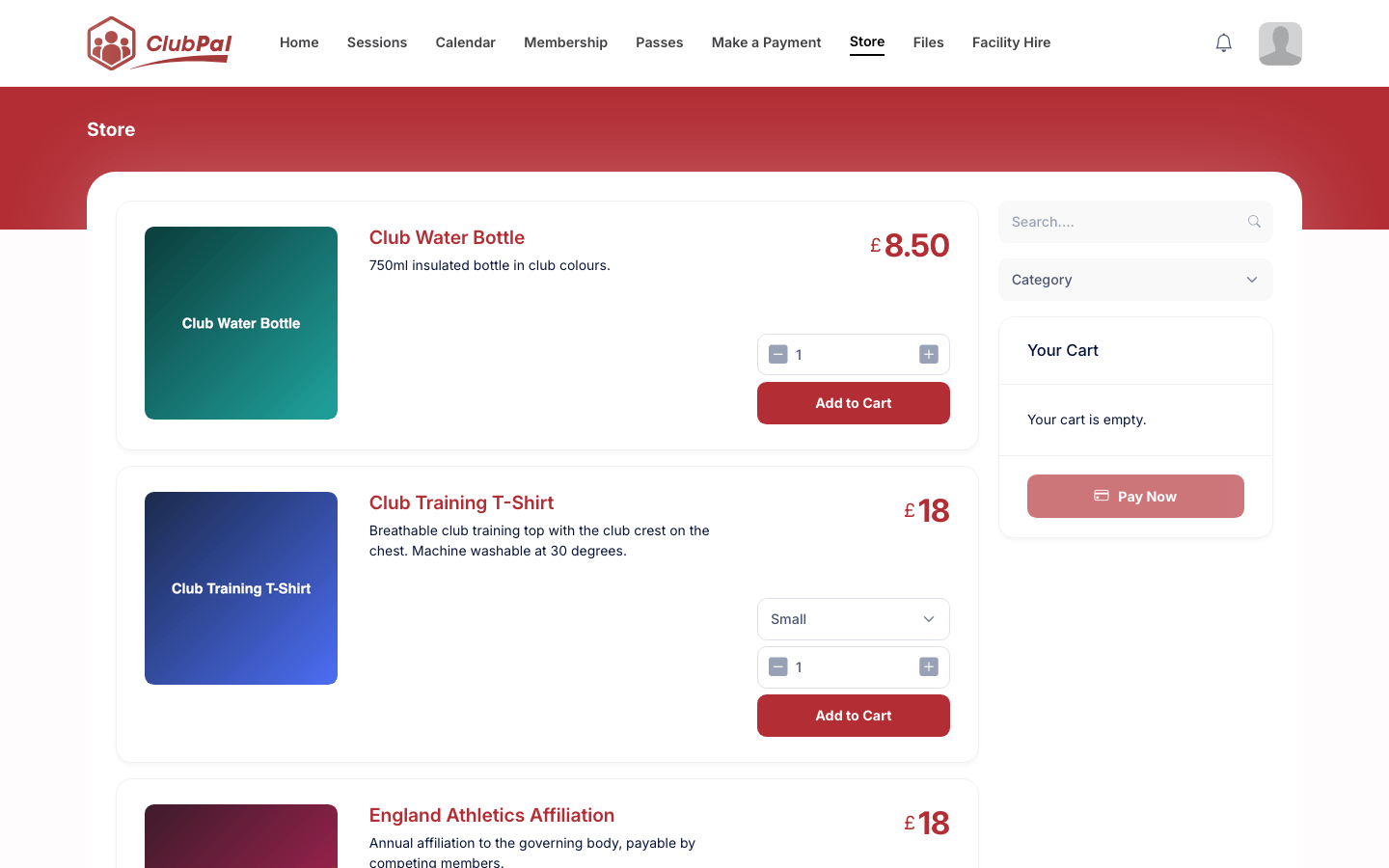 The Store page listing three products with prices, a size selector, quantity controls and an Add to Cart button, with a search box, category filter and cart panel on the right