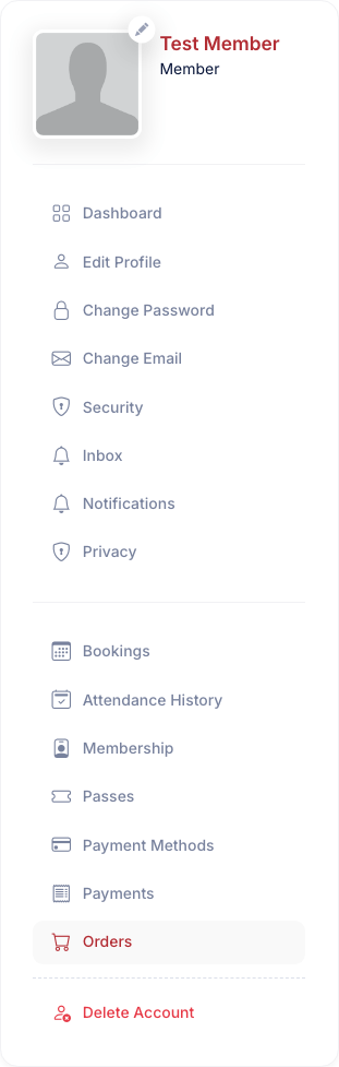 A member's Orders page listing one order with its number, date, Pending status and total, and a View button