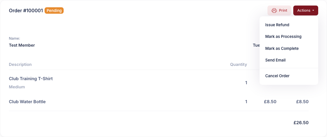 The Actions menu on an order page showing Issue Refund, Mark as Processing, Mark as Complete, Send Email and Cancel Order
