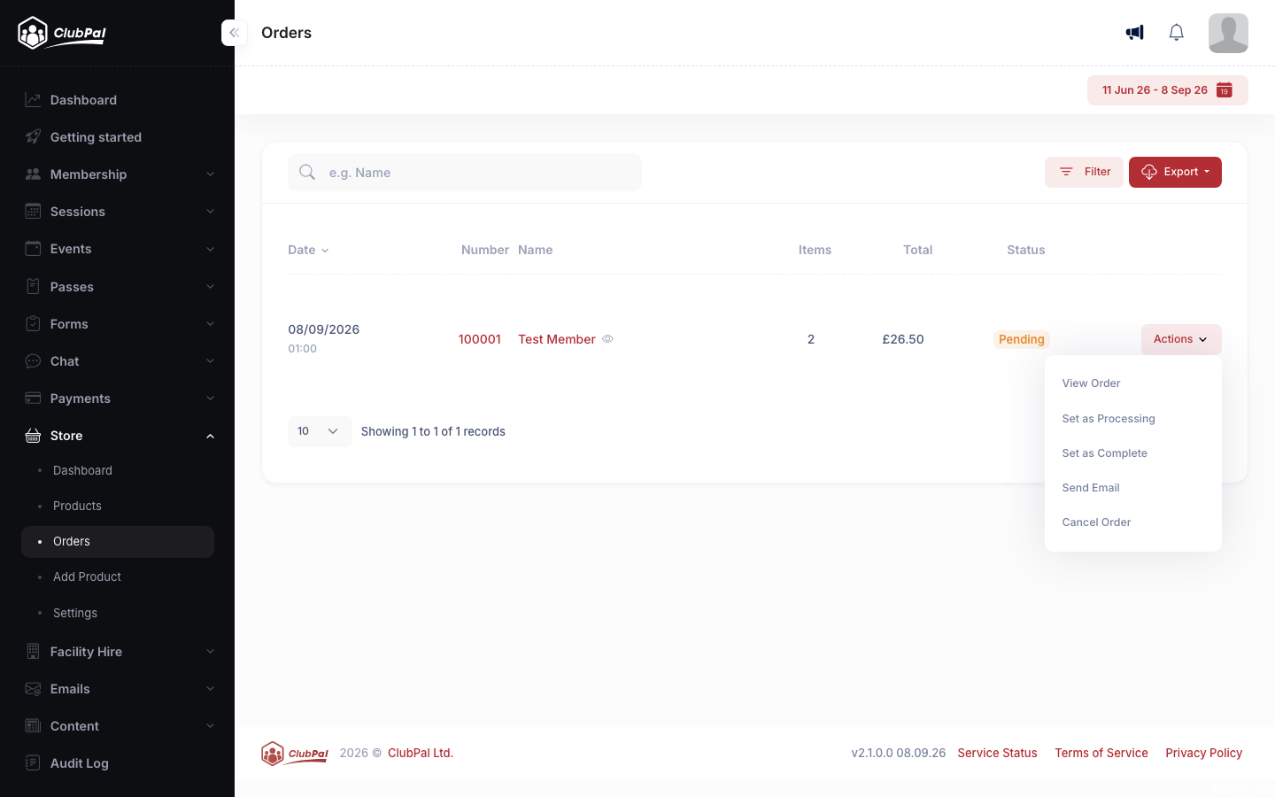 The Actions menu open on an order row showing View Order, Set as Processing, Set as Complete, Send Email and Cancel Order