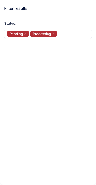 The filter drawer with a Status field holding Pending and Processing tags, and Apply and Reset buttons