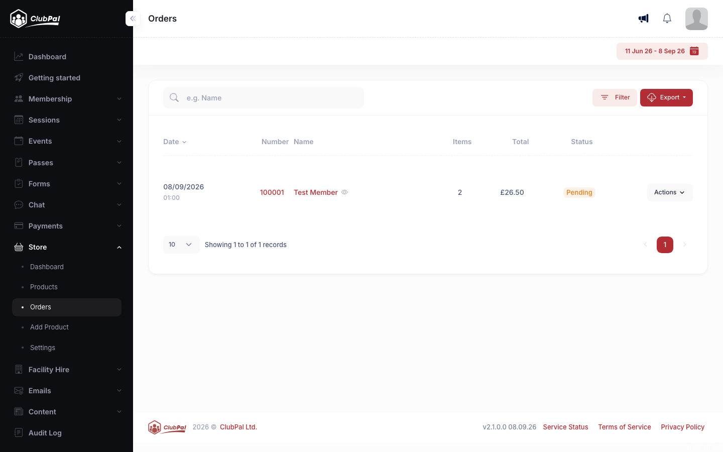The Orders admin list showing one order with its date, number, member name, item count, total and Pending status