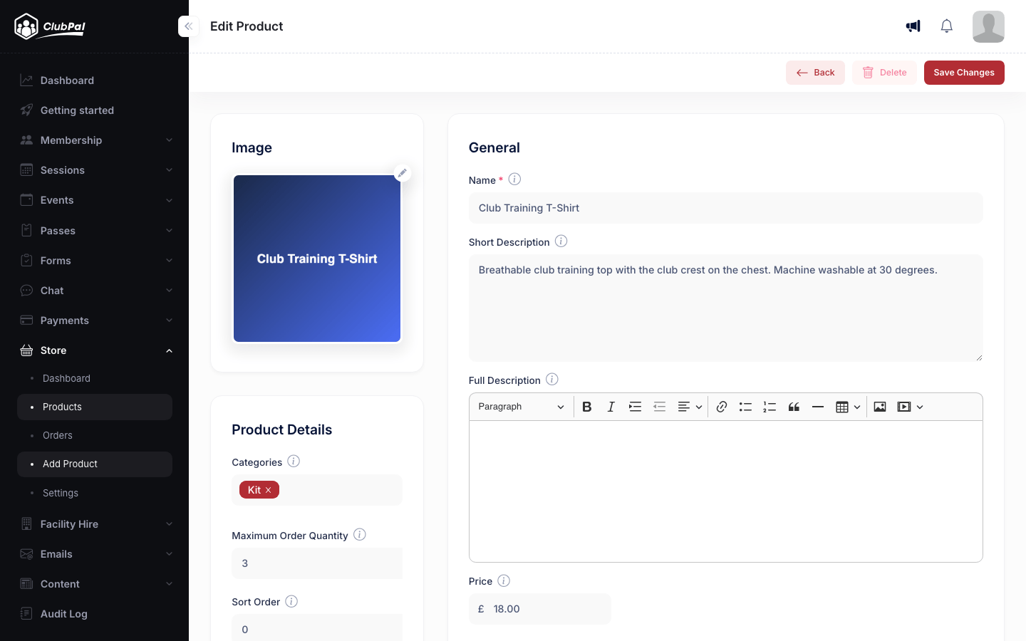 The product editor with the image and product details on the left and the general, eligibility and inventory cards on the right