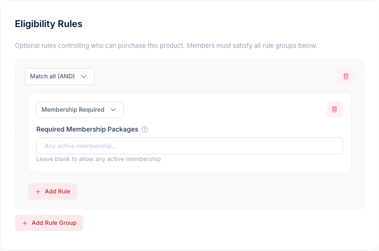 The Eligibility Rules card with one rule group in Match all mode holding a Membership Required rule with no packages named