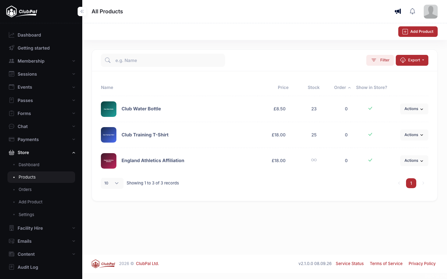 The Products admin list showing three products with their price, stock, sort order and whether they are shown in the store