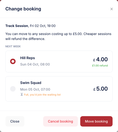 The Change booking dialog listing sessions grouped by week, each with its date, time and price, one marked as full with a waiting list badge, and a Move booking button