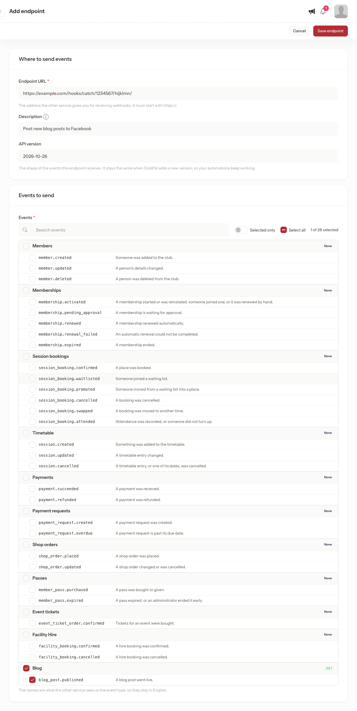 The Add endpoint form with an example.com address in Endpoint URL, the description Post new blog posts to Facebook, the API version 2026-10-26, and blog_post.published ticked under Events to send, with every other event unticked