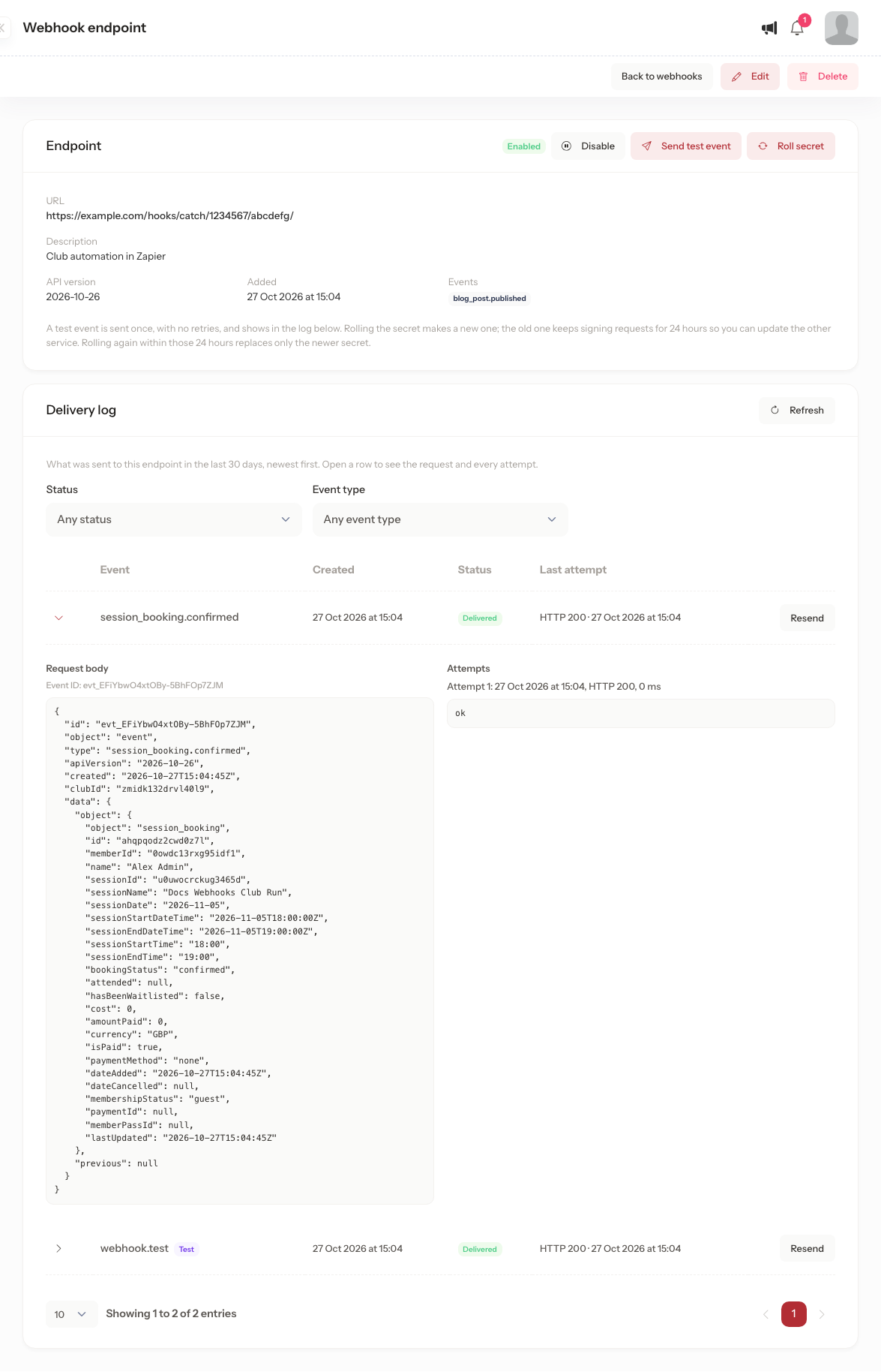 An enabled endpoint's page: its example.com address, the description Club automation in Zapier, its API version and the blog_post.published event, the Disable, Send test event and Roll secret buttons, and a delivery log with a booking.confirmed and a webhook.test delivery, both Delivered, the first opened to show its request body and one attempt that got HTTP 200