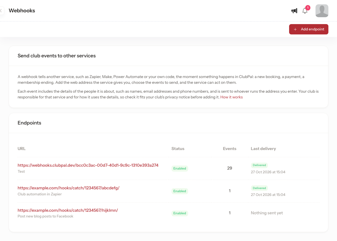 The Webhooks page listing two example.com endpoints, both Enabled with one event each: Club automation in Zapier, whose last delivery was Delivered, and Post new blog posts to Facebook, with nothing sent yet